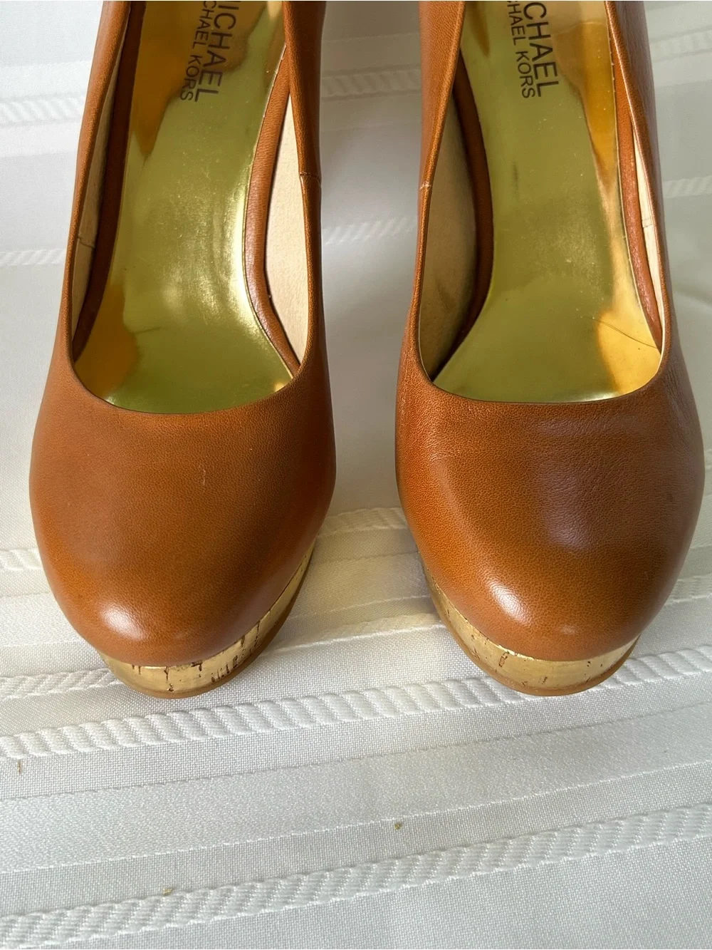 Michael Kors Womens 7 Brown Nappa Leather High Heel Pumps Gold Accents In Box